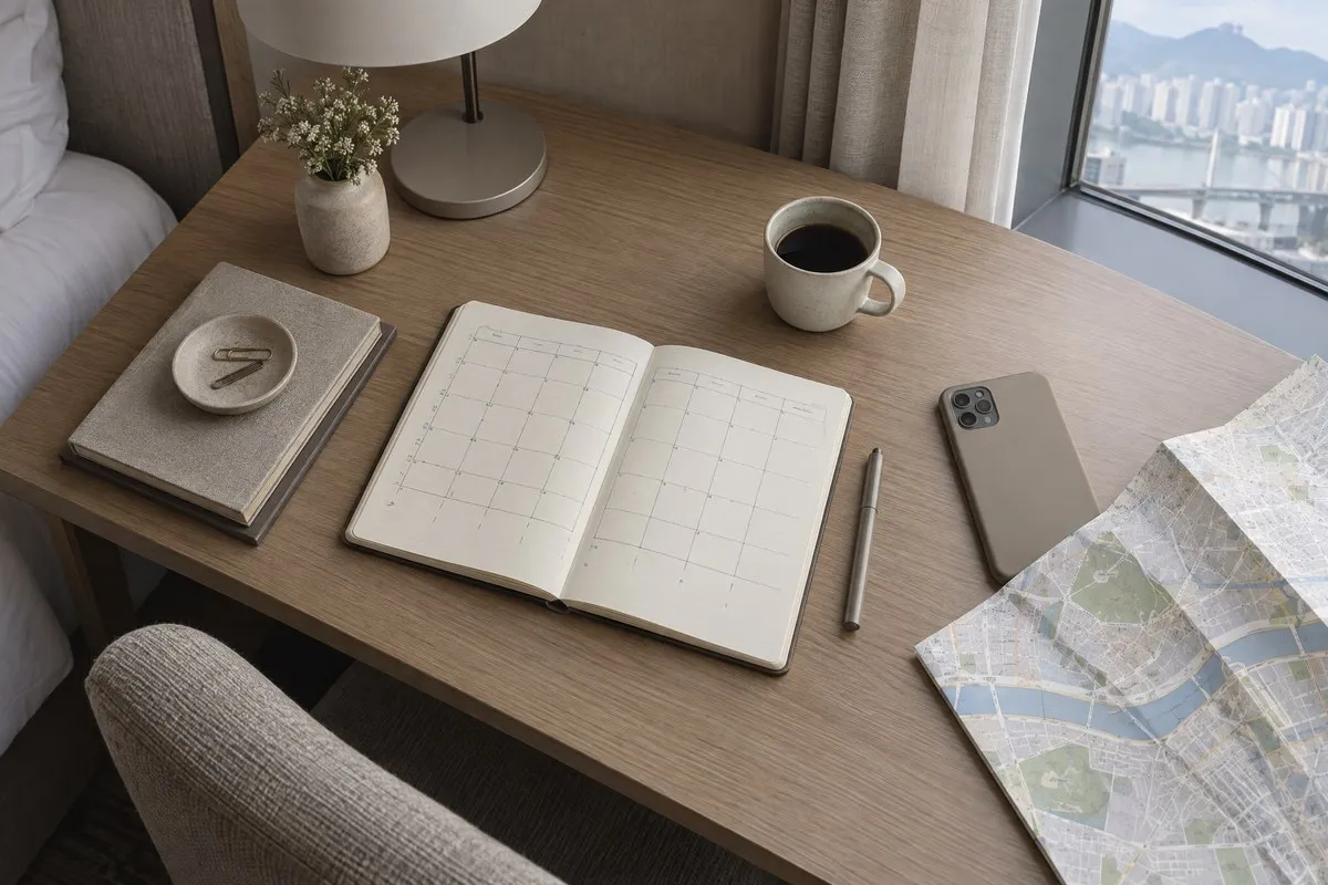 Planning a Seoul trip schedule at a hotel desk