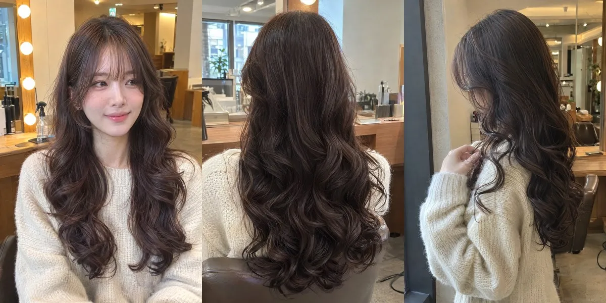 Korean digital perm on long hair seen from the front, back and side at a Seoul salon