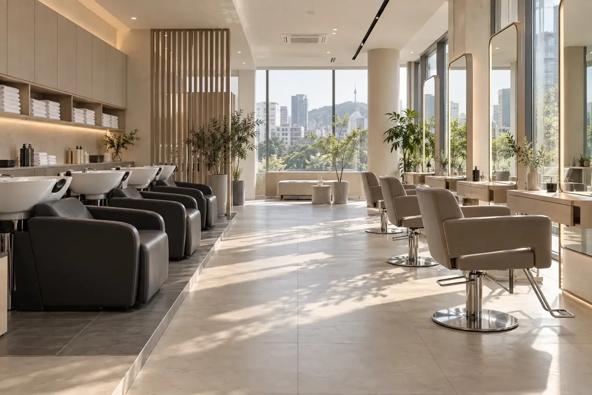 Hair salon interior in Seoul with shampoo basins and styling chairs